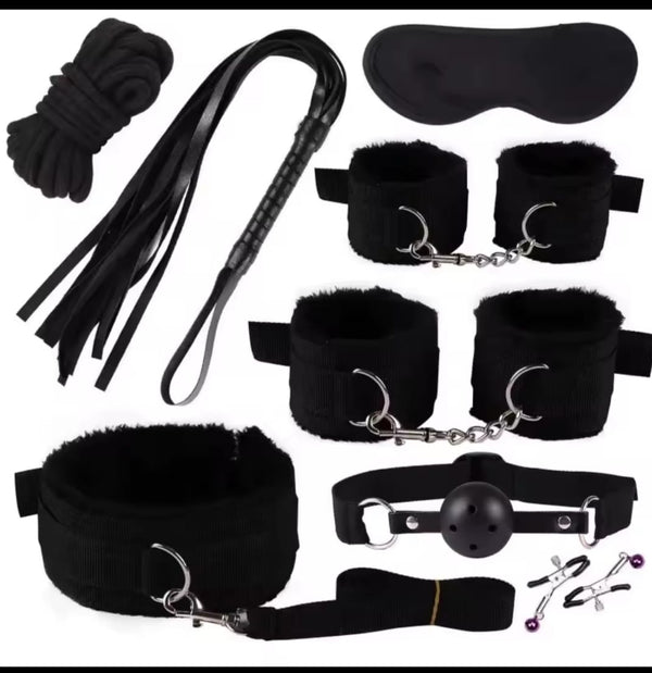 Kit BDSM 8 Piezas - Esposas, Fusta, Antifaz y Más