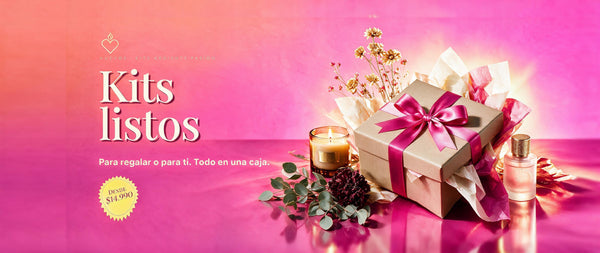 Kits de regalo listos: caja con lazo rosa, vela y frasco de fragancia